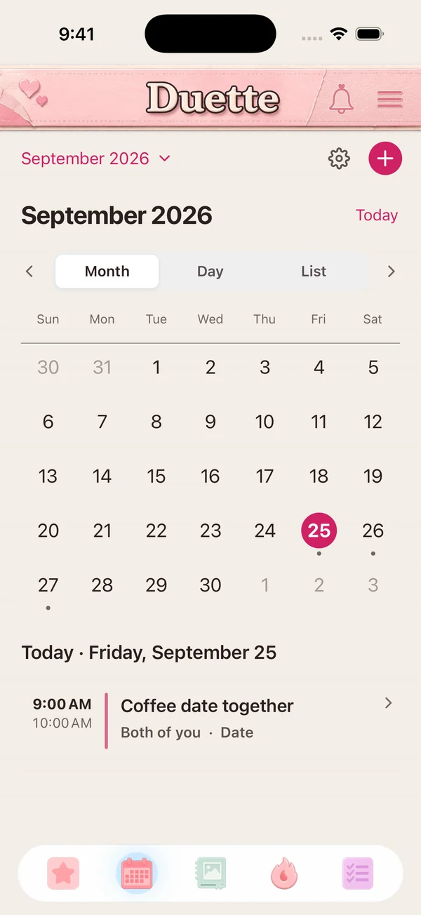 Duette 2.1.7 shared calendar with Month, Day, and List views, September event markers, and a coffee date together in the selected-day agenda.