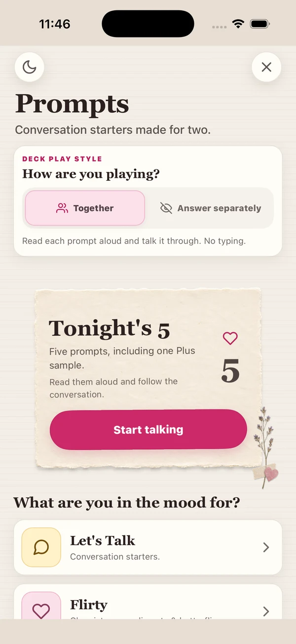 Duette Prompts home screen with Together and Answer separately play styles, Tonight’s 5, a Start talking button, and conversation decks for different moods.